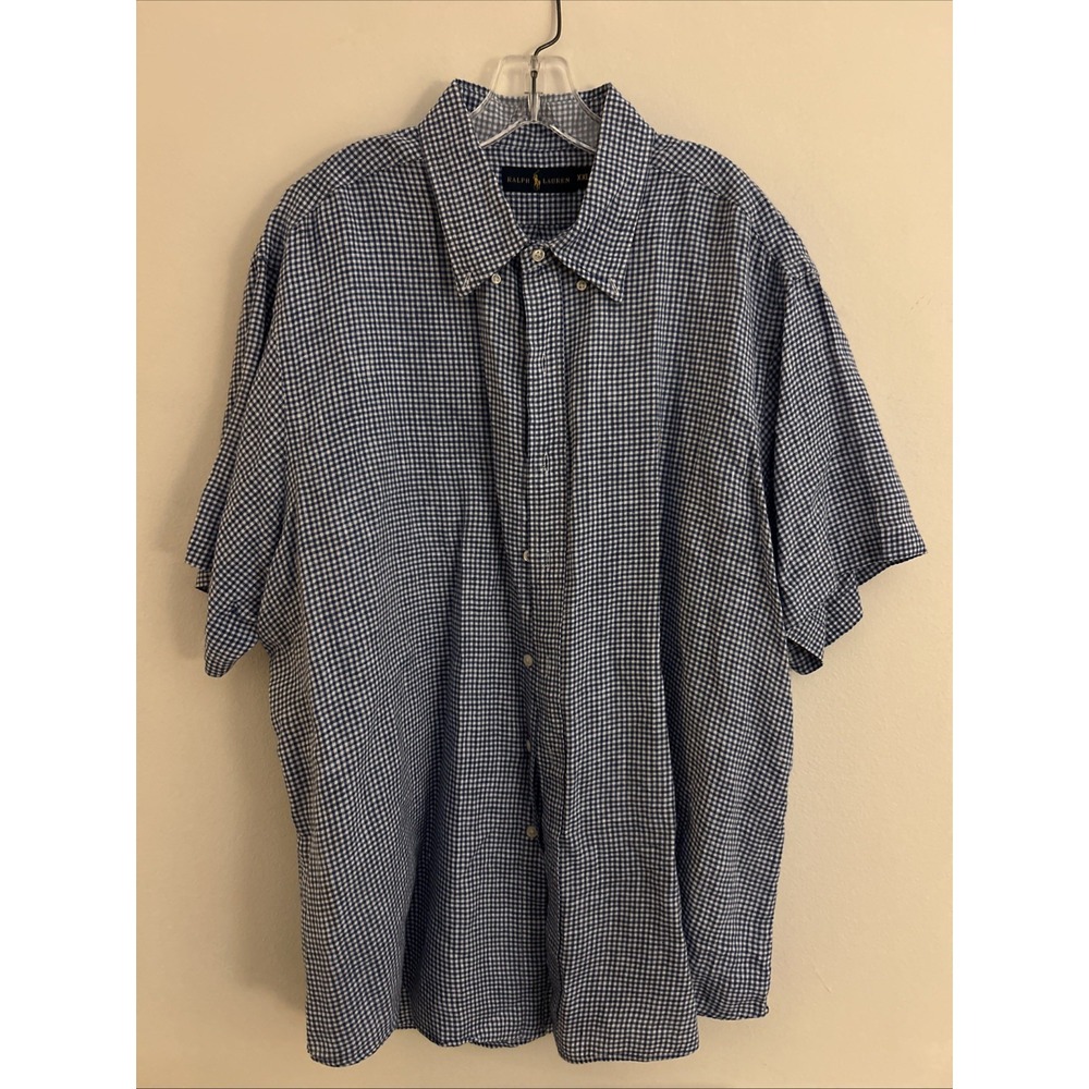 Polo Ralph Lauren Linen Button Down Shirt Mens XXL Blue Checked Fit Short Sleeve